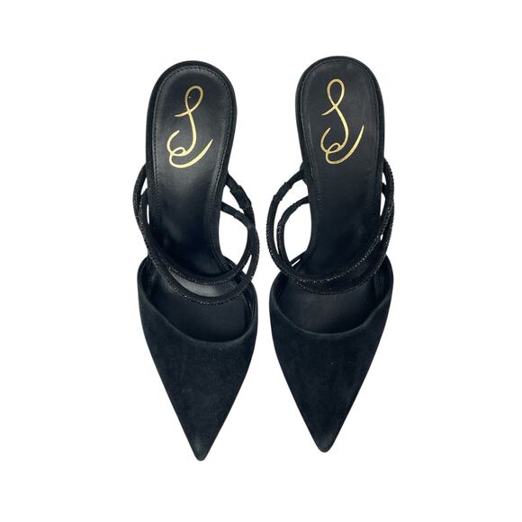Sam Edelman Agustina Black Suede Rhinestone Pointed Toe Stiletto Pumps Mules 10 - Picture 2 of 6